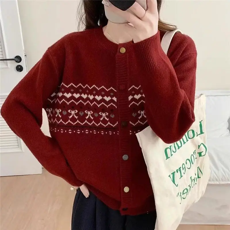 

Осенне-зимний кардиган, модный кардиган с круглым вырезом, корейский стиль, ретро, цветной блок, жаккардовый вязаный свободный свитер, новое пальто