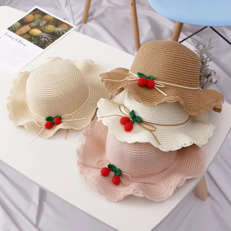 Girls Beach Straw Woven Hat Fashion Petal Brim Strawberry Bag Set Sun Protection Kids Cute Infant Bucket Hats