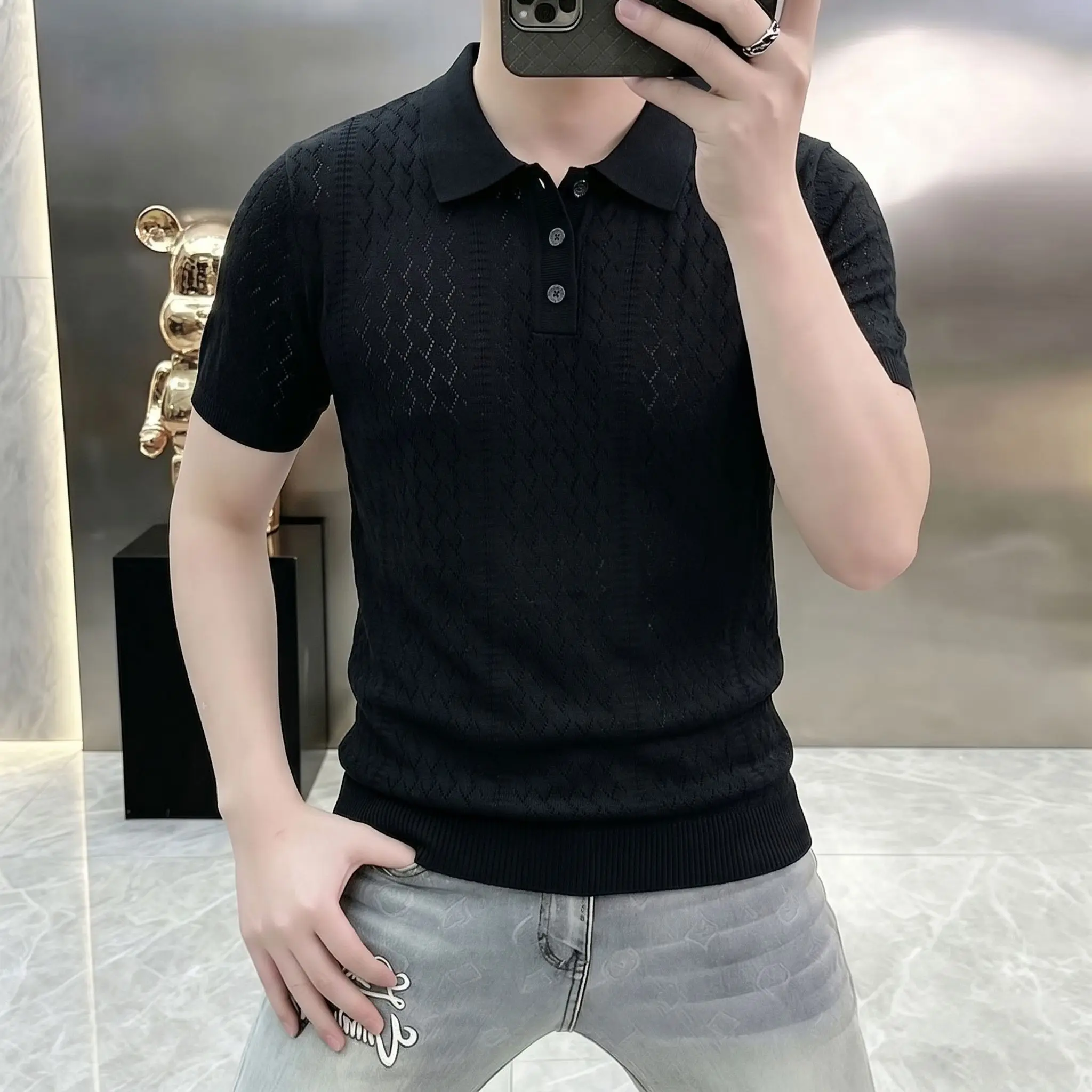 Summer New Style Men's Collarless Polo Shirt- Breathable Coolness Mesh Openwork Pattern Knitted Short