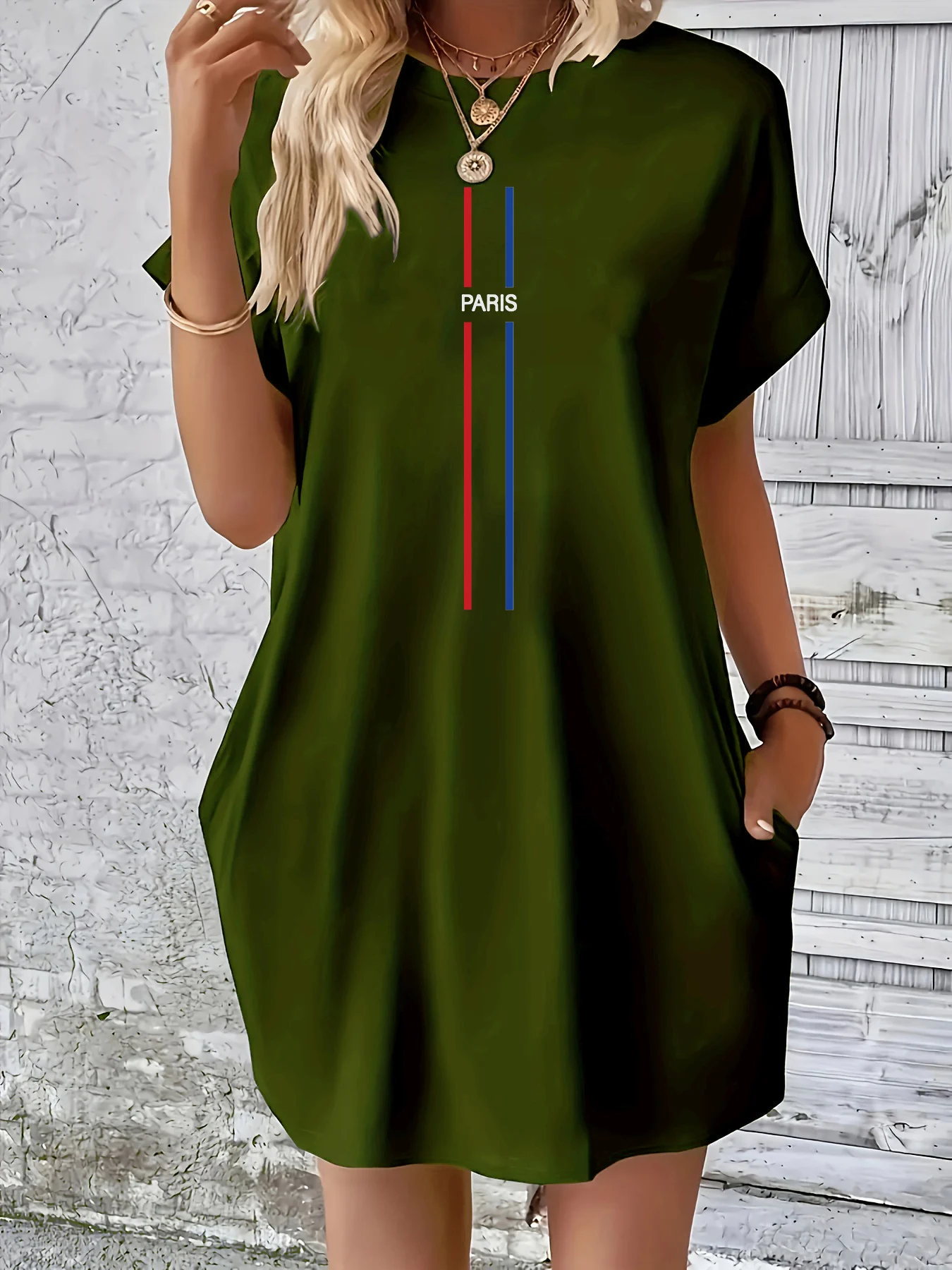 

Women's Summer Loose PARIS Letter Print Round Neck Short Sleeve Pocket Comfortable Casual Plus Size Dress