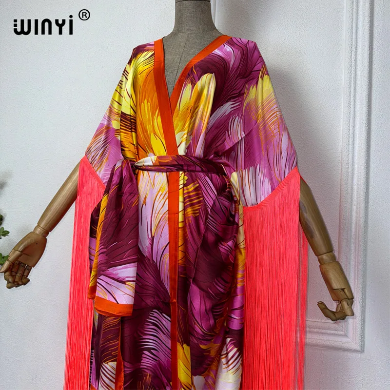 Letnie kimono sukienka letnia w stylu boho z artystyczny nadruk osłona do Bikini kardiganem seksowna wakacyjna sukienka z frędzlami z długim rękawem