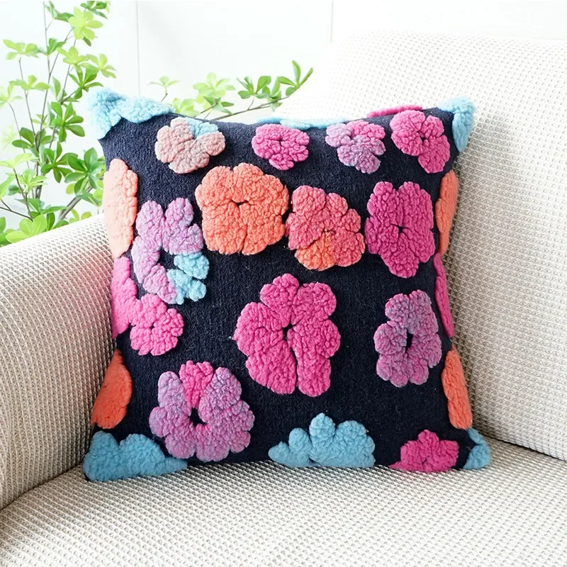 3D Floral Pillow Case for Sofa Colorful Pink Green Blue 45x45cm Cushion Cover for Home Decoration Winter Thick Durable Jacquard