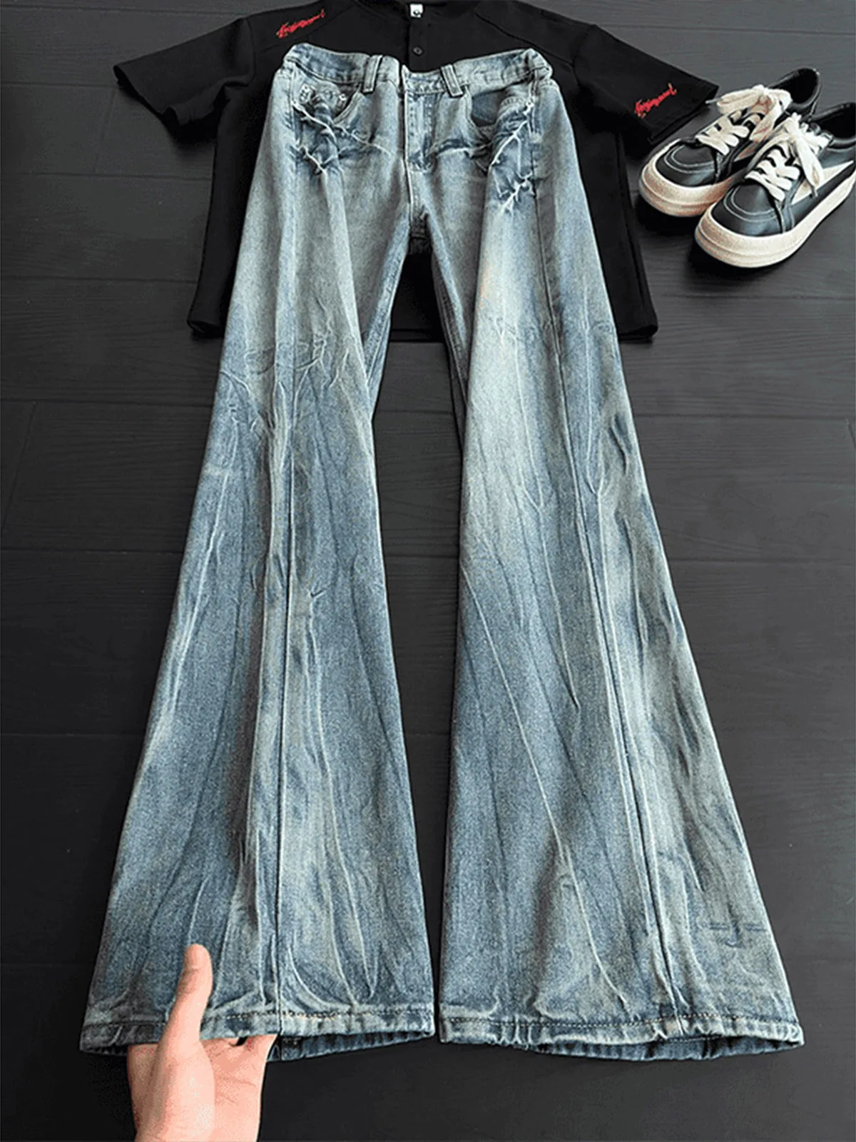 Black Grey Split Lightning Pattern Men's Jeans High Street American Style Wide Leg Elevated Straight Tube Pants