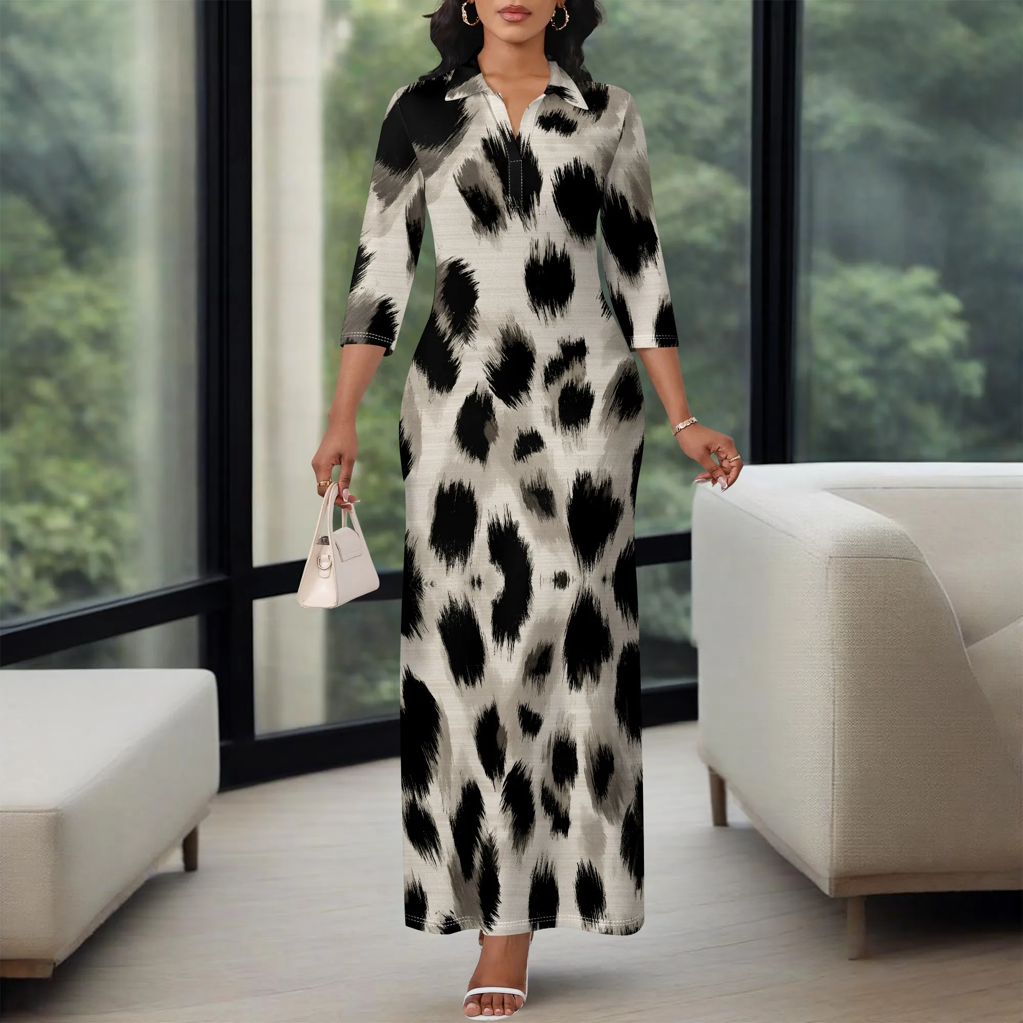 

Elegant Women's Maxi Dress 2025 New Arrival Black Beige Animal Print V-Neck Casual Evening Dress XS-3XL