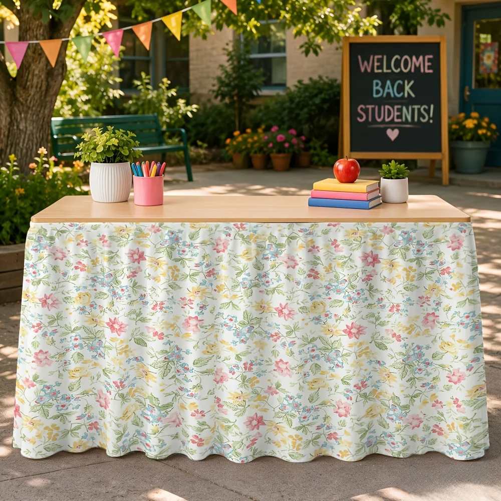 A set of 1 table skirt with a fresh floral print as a tablecloth and table skirt.
