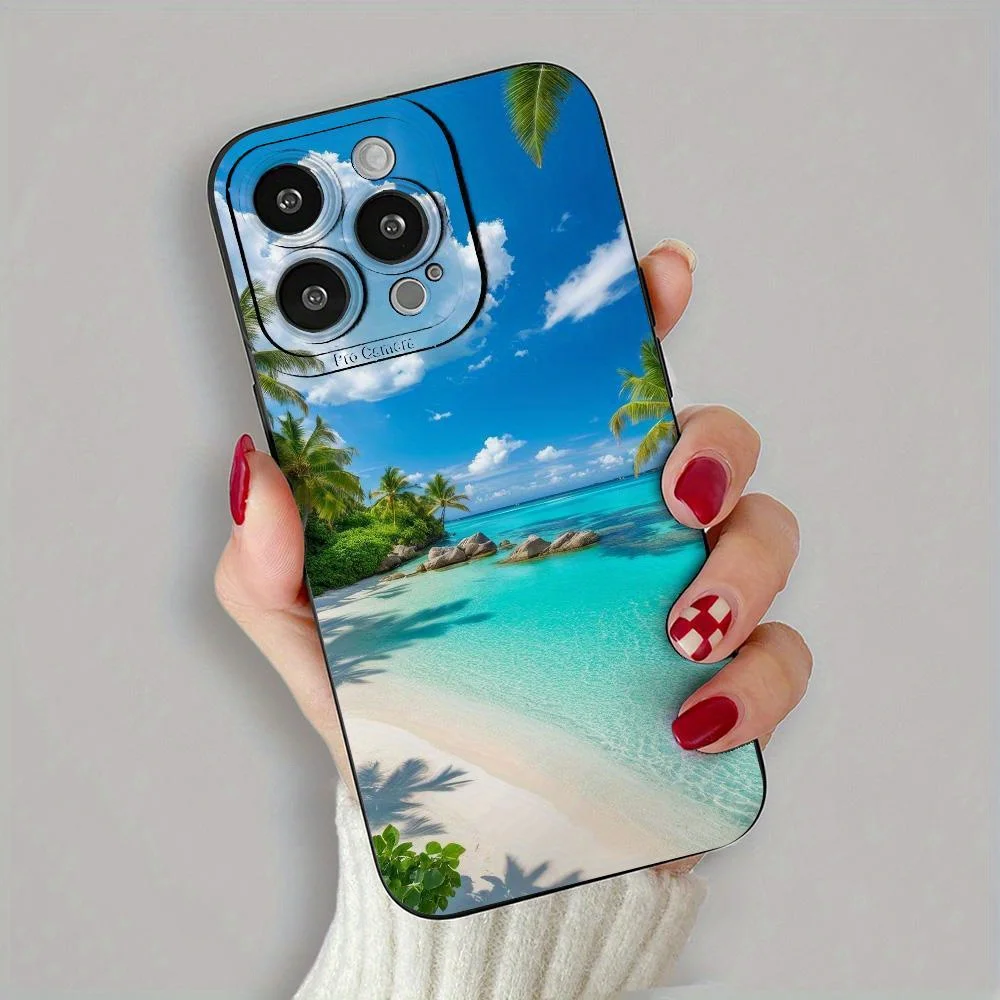 حافظة هاتف أنيقة على الشاطئ باللون الأسود لهاتف iPhone11/12/13/14/15 16 17 Pro Max Pro Plus حافظة هاتف، هدية رائعة