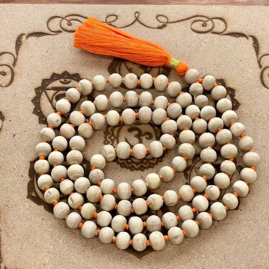 Natural Tulsi 108 Beads Mala Necklace with Orange Tassel Spiritual Meditation Jewelry