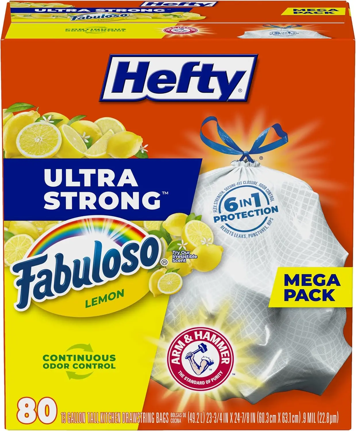 

13 Gallon Tall Kitchen Trash Bags, 80 Count, Strong Leak-Proof Design with Fresh Lemon Scent