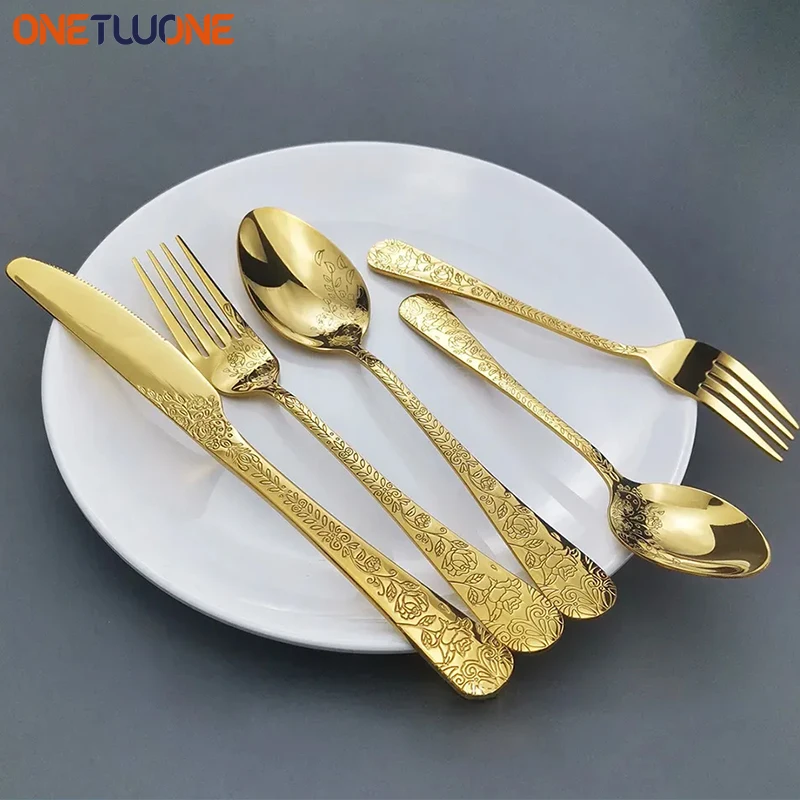 5Pcs Cutlery Set,Stainless Steel Dinnerware Set,Fork Knife Spoon Tableware Gift,Rose Engraving Gold Western Dinner Flatware Kit