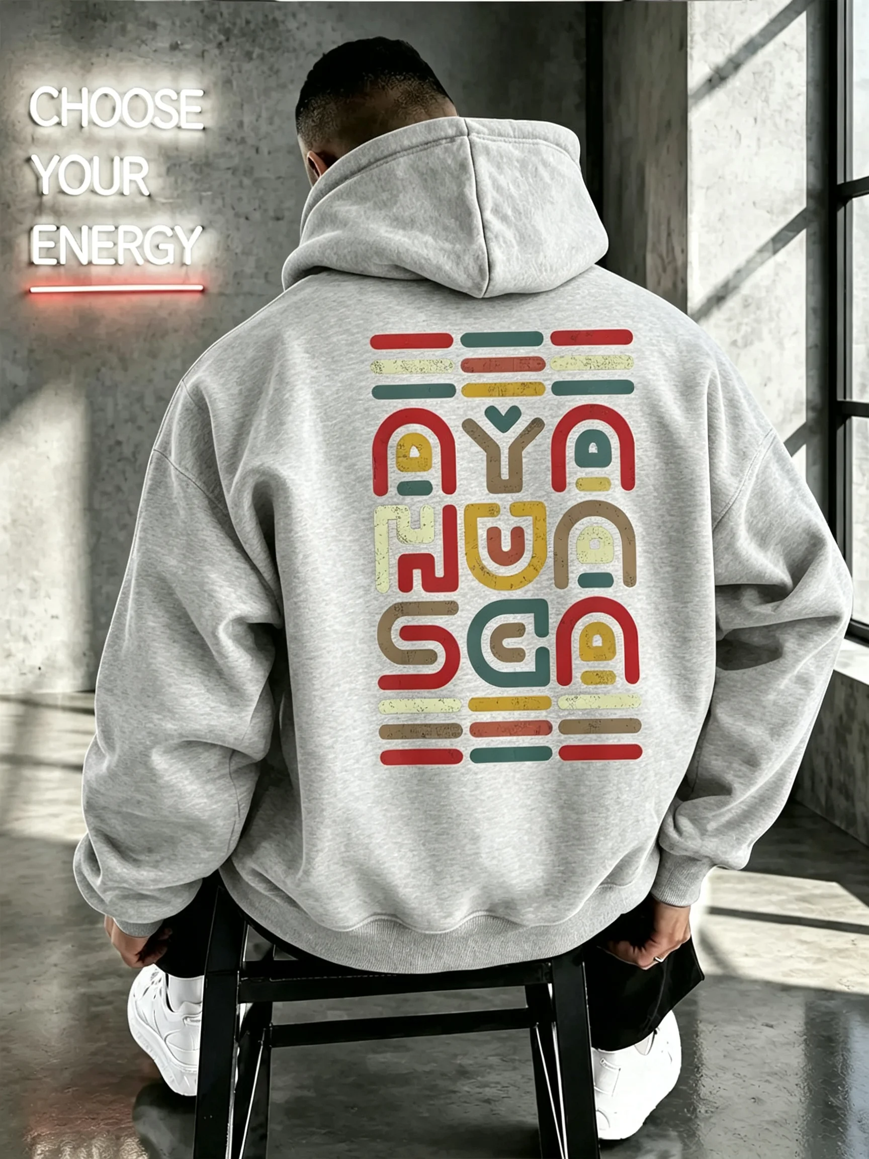 Boho Abstract Styled Color Letter Mens Hooded Sweatshirt Vintage Multicolored Alphabet Art Print Casual Loose Street streetwear
