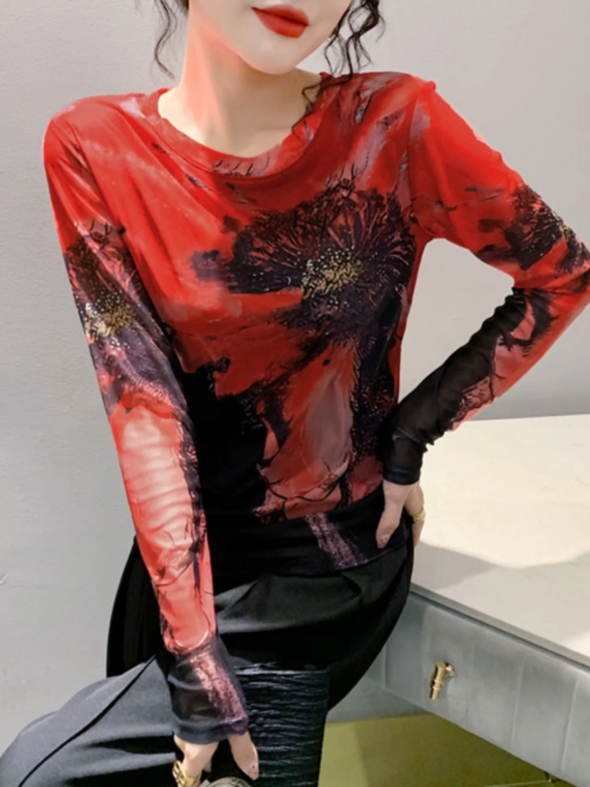 Size S-3XL Autumn New Round Neck Mesh Long sleeved Top Positioning Print T-shirts Female Slim Fitting T Shirt HF8752