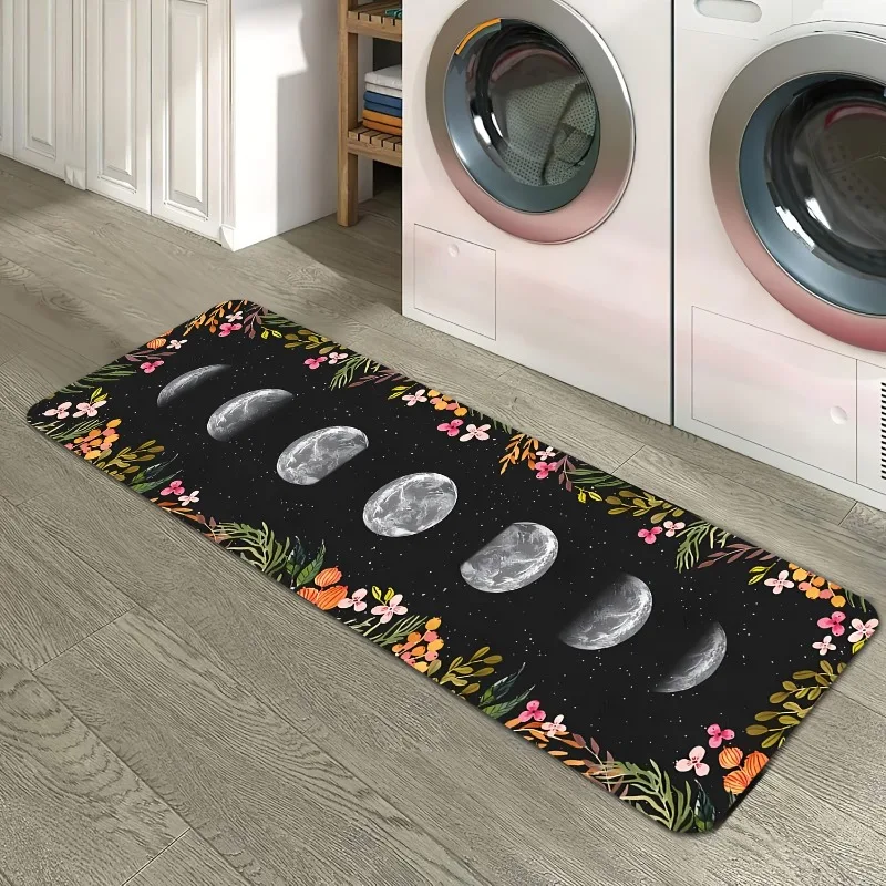 

Коврик-дорожка с фазами Луны и цветочным узором в стиле бохо, с изображением диких цветов и небесных тел, нескользящий, с астрономическими мотивами, длинный напольный коврик для прачечной