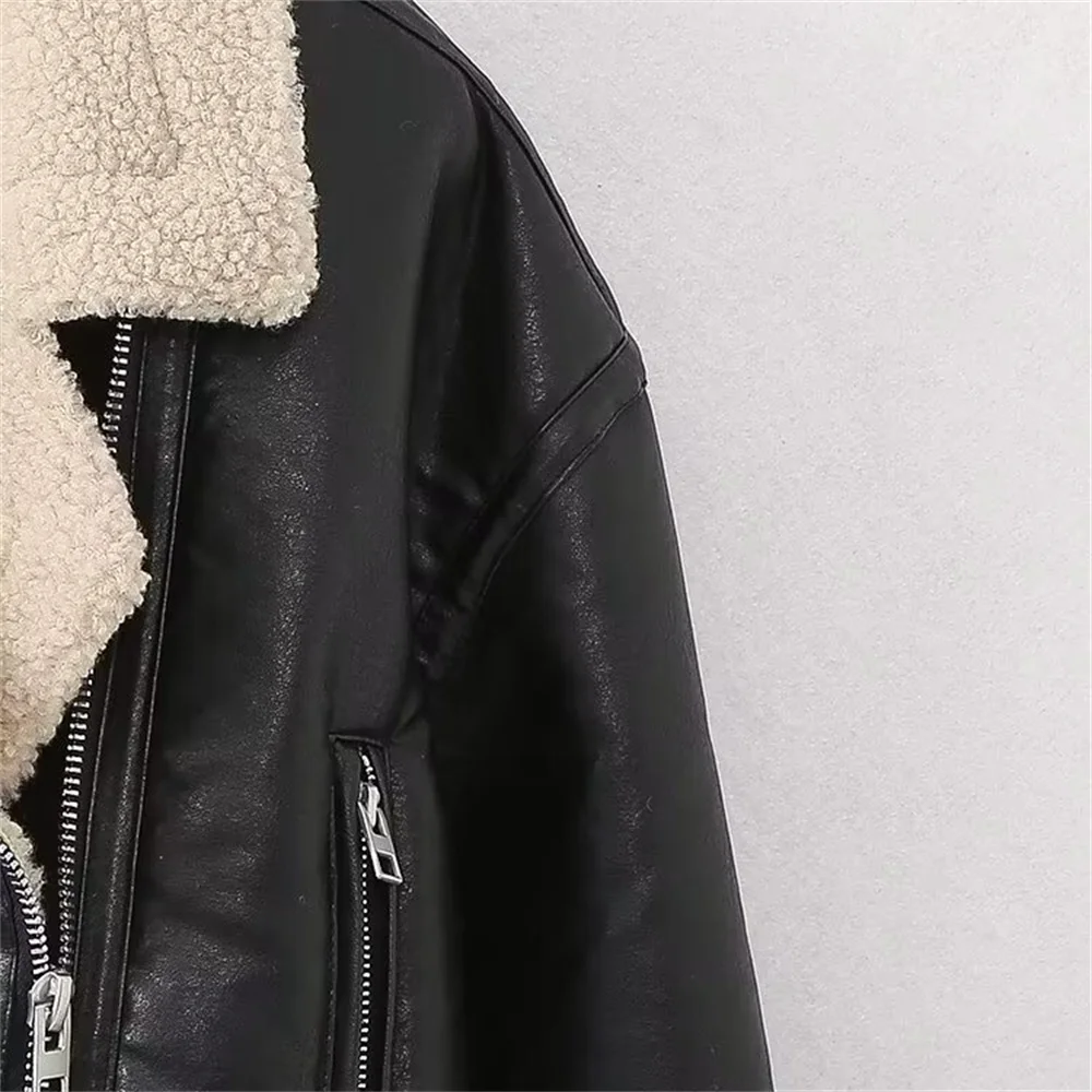 TRAF Autumn new women\'s fashionable casual versatile lapel long sleeved double-sided leather jacket