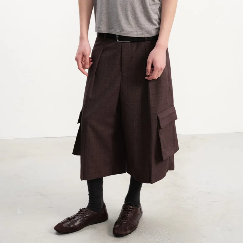 WVGA Summer New Men Plaid Pleated Cargo Pocket Cropped Pants Fine Plaid Fabric Double Patch Niche Casual Straight Shorts W24359