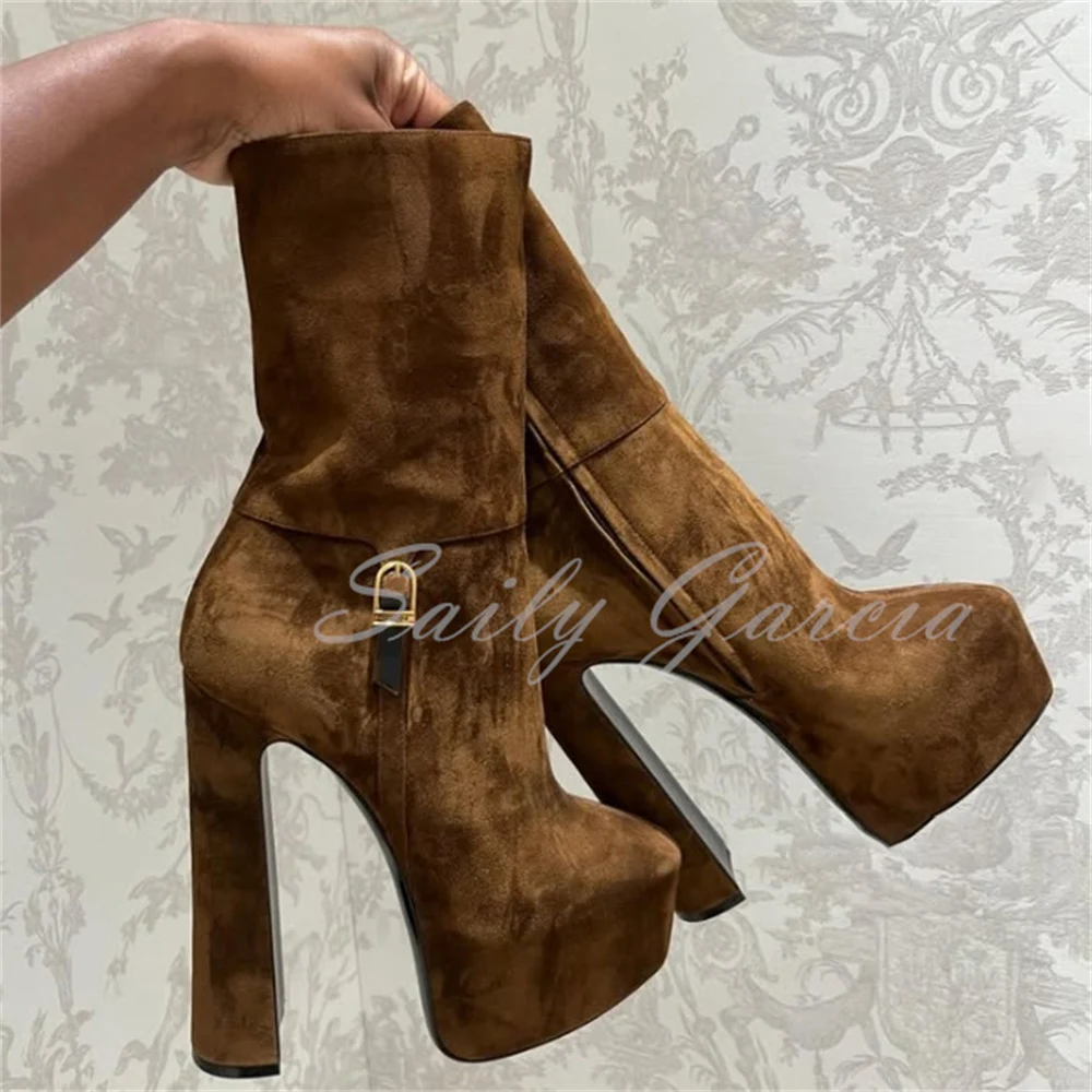 Brown Suede Chunky Heel Ankle Boot Women Sexy Round Toe Platform Side Zipper Solid Color Elegant High Heel Party Dress Boots view 2