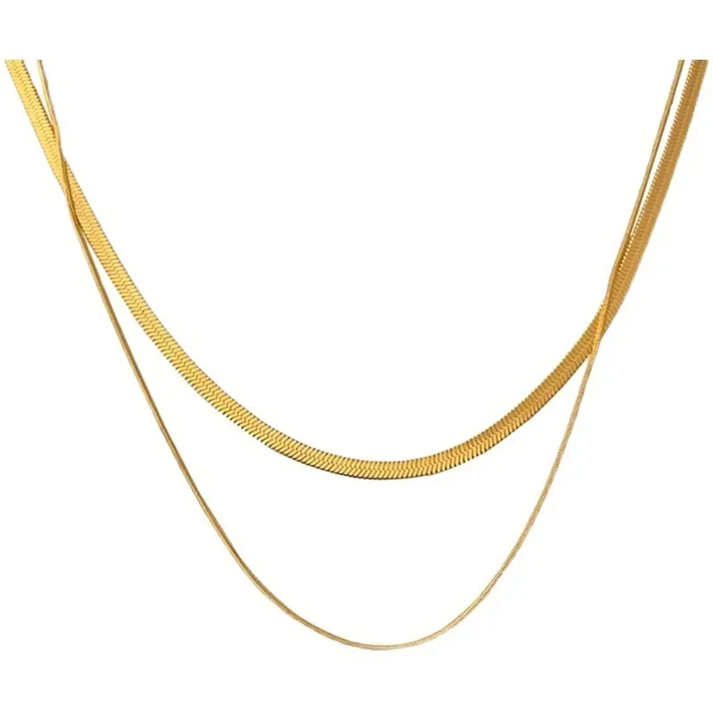 Personality Design Double Layer Snake Chain Necklaces for Women Classic Charm Cubic Chokers Gold Color Stainless Steel Jewelry