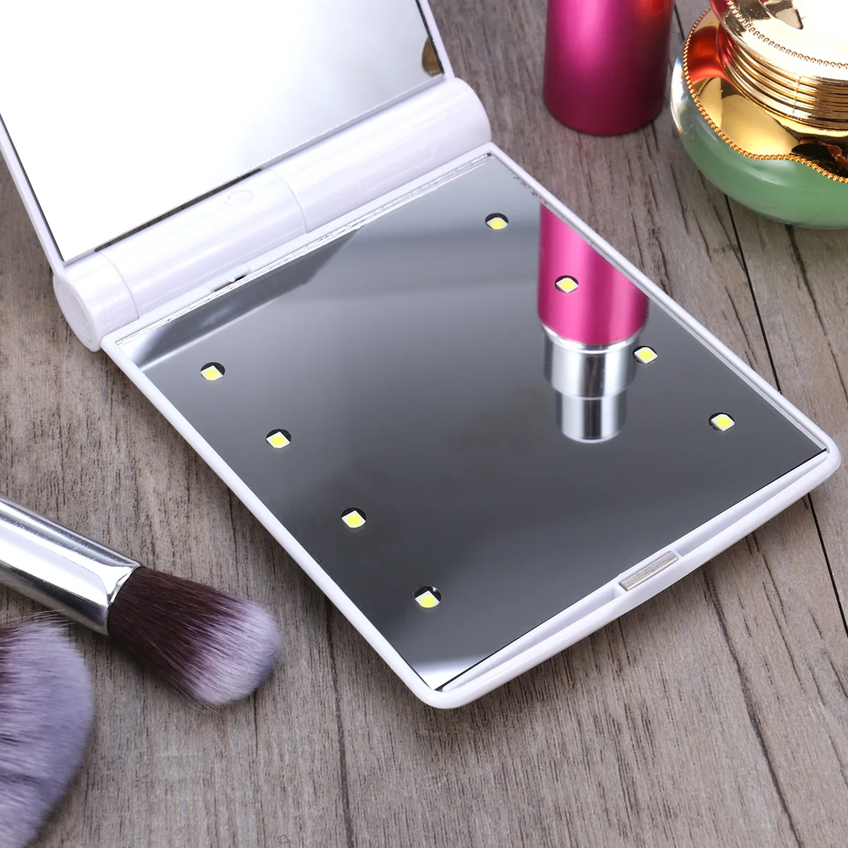 

Portable LED Lighted Makeup Mirror 8-LED Compact Folding Design 330 Degree Rotation Purple Multifunctional for Makeup