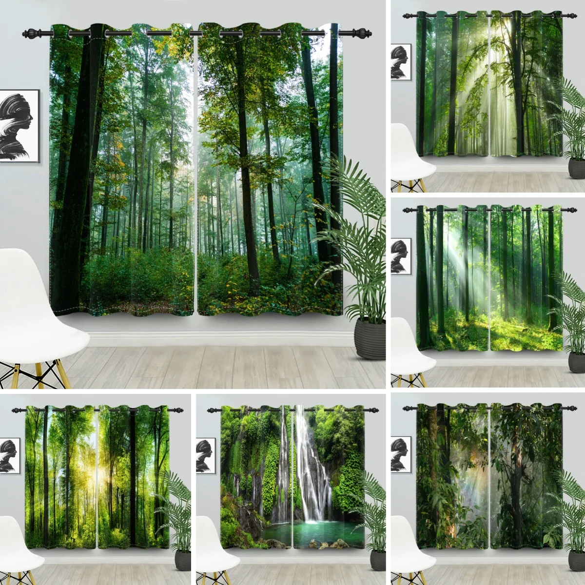 2pcs/set Blackout Curtains Sunny Forest Natural Green Space Landscape Polyester Window Bedroom Kitchen Home Interior Curtains