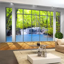 Foto Tapete 3D Fenster Wald Wasserfall Natur Landschaft Wandmalereien Wohnzimmer TV Sofa Hintergrund Wand Tuch 3 D Papel De parede