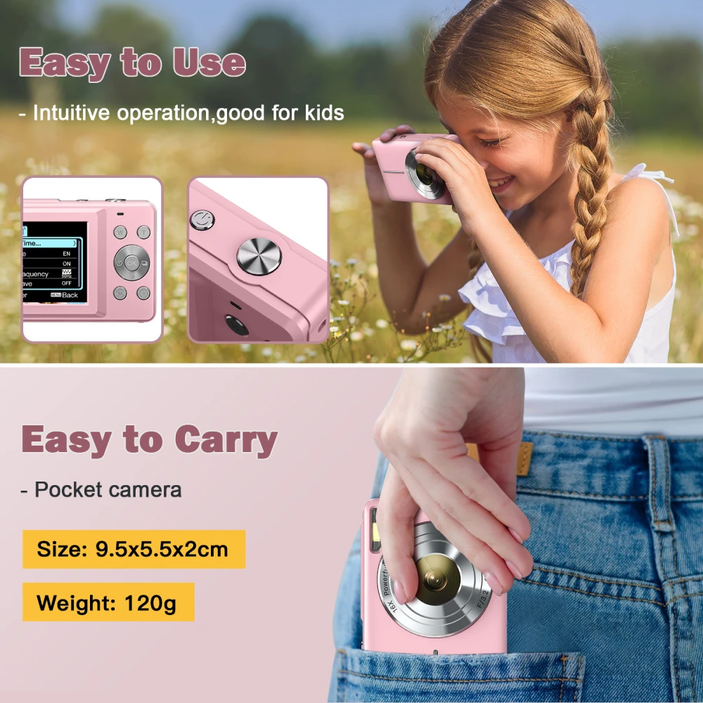 44MP Digital Camera, FHD 1080P Digital Camera for Kids with 32GB SD Card Anti Shake Portable Camera Small Camera for Teens, Pink