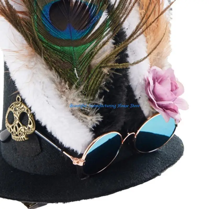 E56A Flat Top Hat Steampunks Hat Medieval Halloween Skull Rabbits Ear Hat