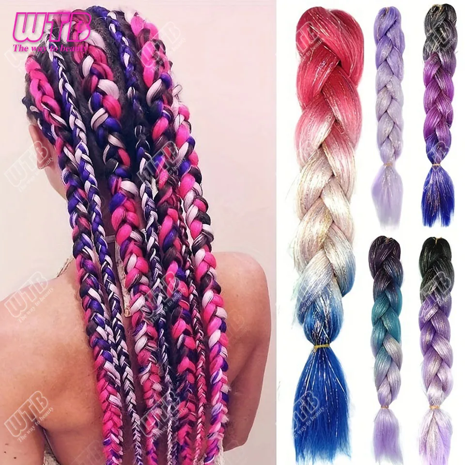 وصلات الضفائر الاصطناعية اللامعة للنساء - شعر أومبير طويل مستقيم مع خصلات بهرج للاستخدام في حفلات الهالوين