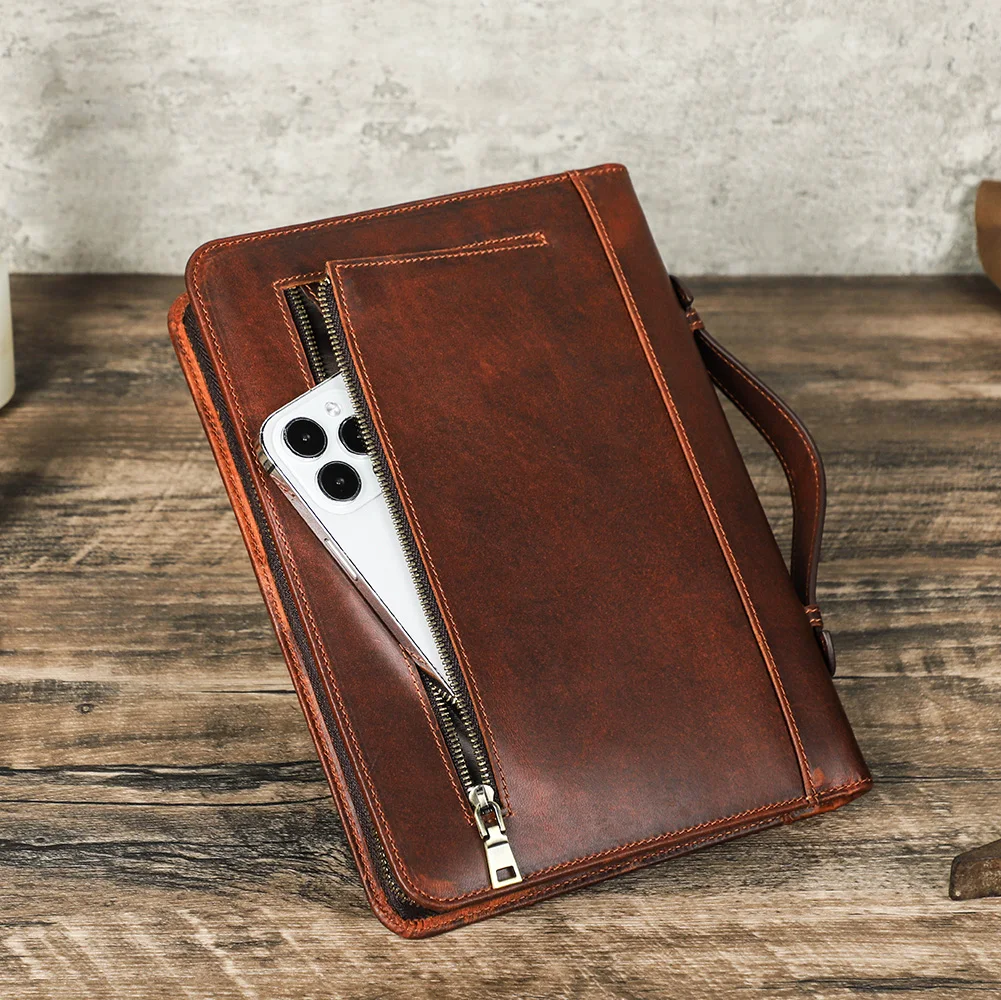 Luxury Retro Handmade Cowhide Leather Notebook A5 Case with zipper Pen Holder Phone Bag Journal Office Diary Travel Portfolio