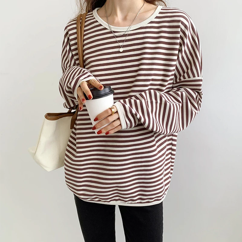 Loose Striped Tshirt Women Cotton Long Sleeve Tops T-shirt Casual Korean Fashion O-neck Tee Shirt Femme 2022 New Autumn Female