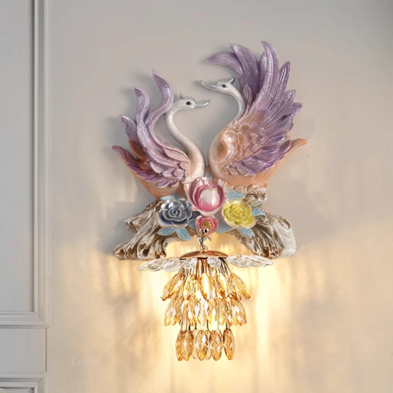 

American Resin Swan Animal Decoration Led Wall Lamp Creative Living Room Sofa Aisle Stairs Loft Sconces Crystal Art Wall Lights