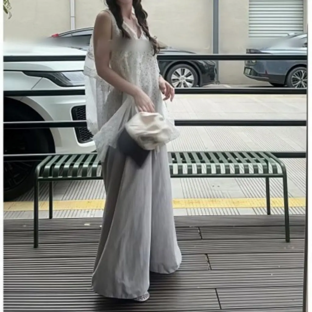 

Женская летняя одежда, полный комплект в ленивом стиле, повседневная свободная рубашка без рукавов, топы и широкие брюки с высокой талией