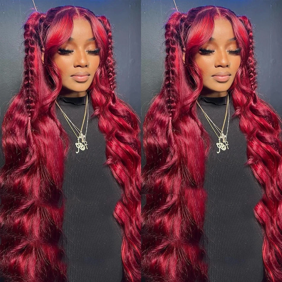 180 Density 99J Burgundy Body Wave HD Lace Frontal Wig 13x4 Human Hair 30 Inch Lace Front wig Wine Red Colored Brazilian