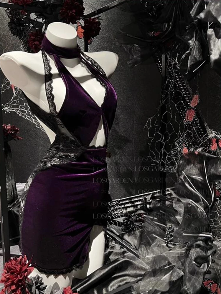 

Women Purple Velvet Nightdress Sexy Lace Mini Lingerie Nightwear Bath Robe Gown Nightdress Exotic Nightgown Home Dress Clothing