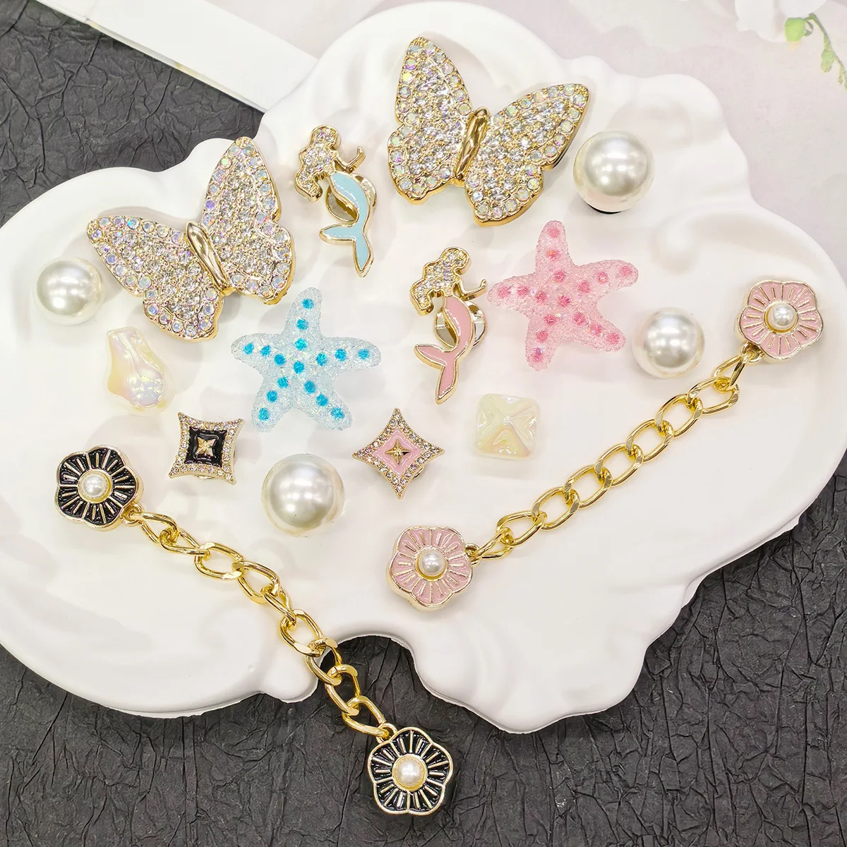 16PCS Bling Mermaid Shoe Charms DIY Flower Chains Decorations Butterfly Shoe Buckles Accessories Starfish Clogs Shoe Clips Decor