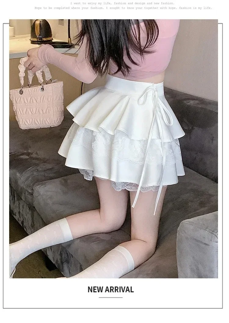 Pink Ruffle Mini Skirt Women Fairycore Lace Double-layer Cute High Waist Bandage Sexy Short Skirt Coquette Lolita