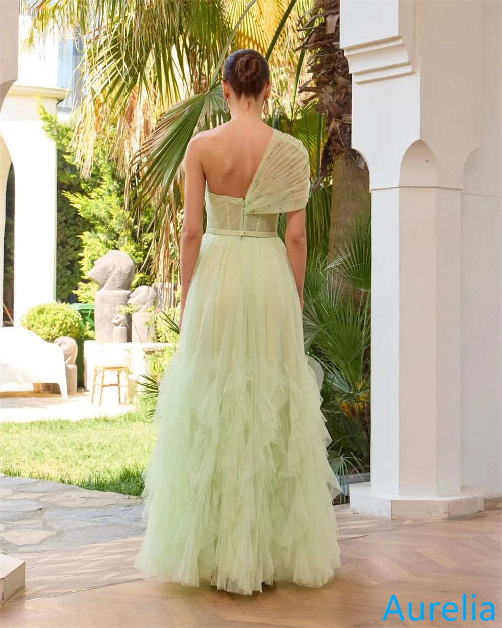 

Индивидуальное темпераментное зеленое тюлевое вечернее платье на одно плечо без рукавов на заказ, платья для выпускного вечера, платье на молнии сзади