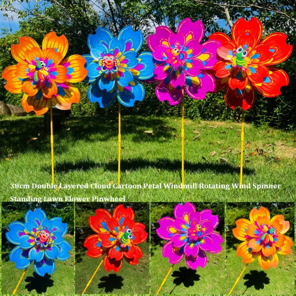 Wielostylowy Pszczoła Kreskówkowa Wiatraczek z Płatkami Kwiatów PVC Dwupoziomowy Stojący na Trawie Kwiatowy Duży Obrotowy Stojak Średnica 38cm