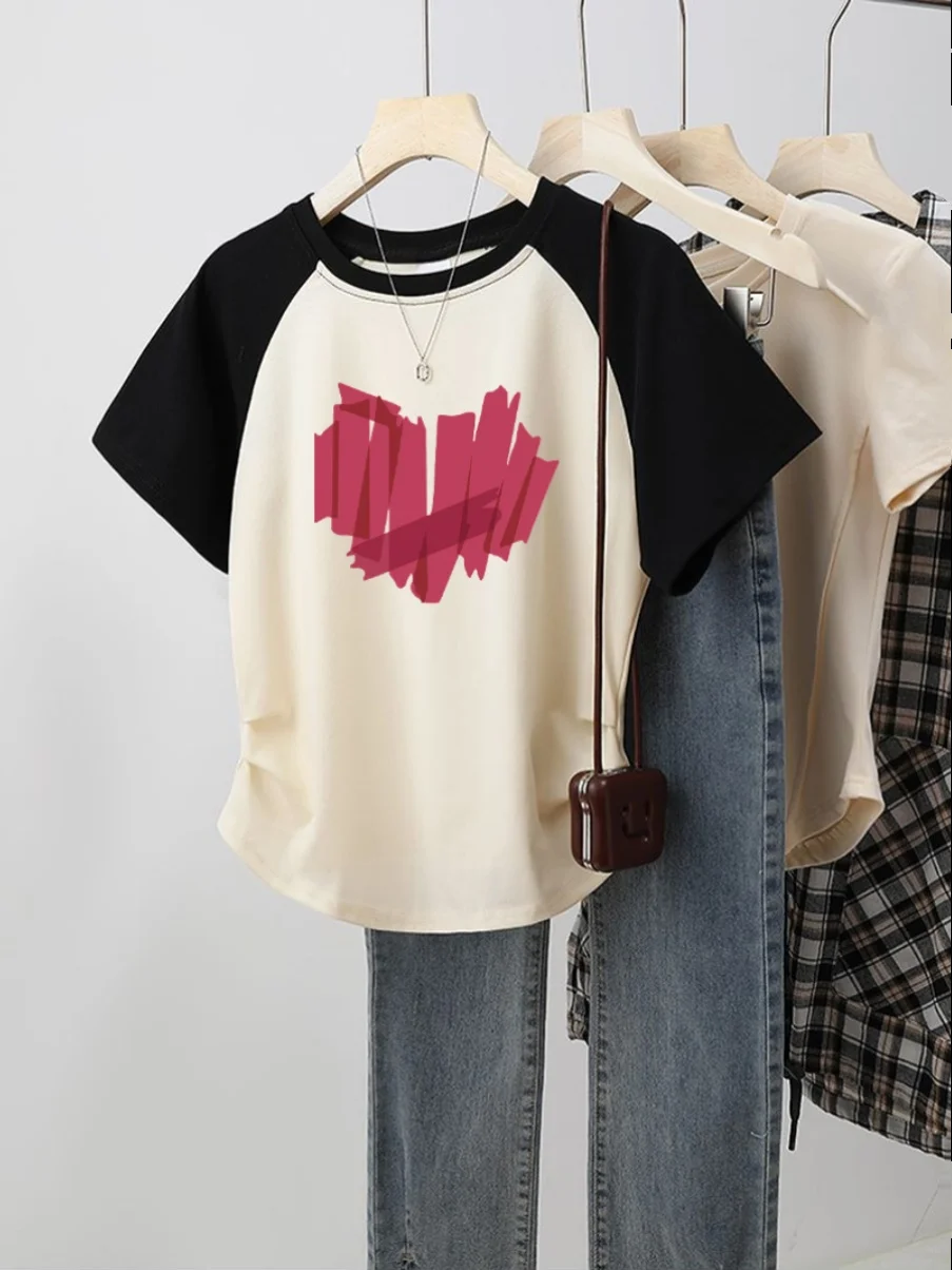 Retro Amerikaanse kleur Blo oulder Insert T-shirt dames zomer nieuwe ort Sve onregelmatige losse top katoen cartoon print