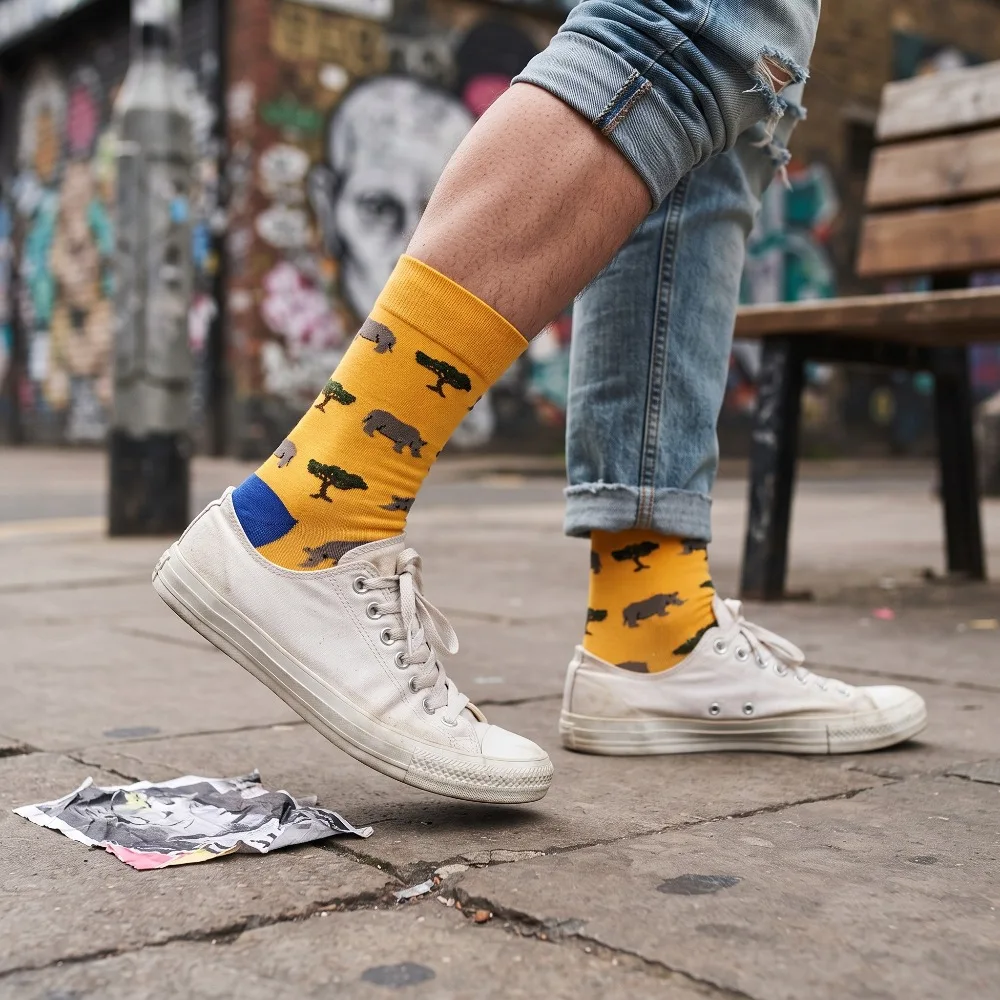 Happy Socks 3 Pairs Men Combed Cotton Crew Socks Breathable Mid Tube Sock Big Size Funny Print Casual Sweat Absorbent All Season