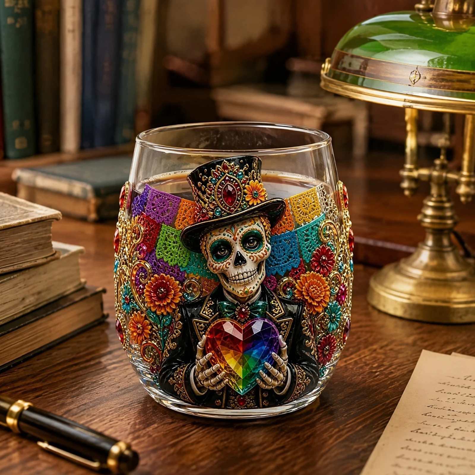 Gothic Skull 3D Crystal Rocks Glass Day of the Dead Gold Detail Barware Whiskey Cocktail Gift