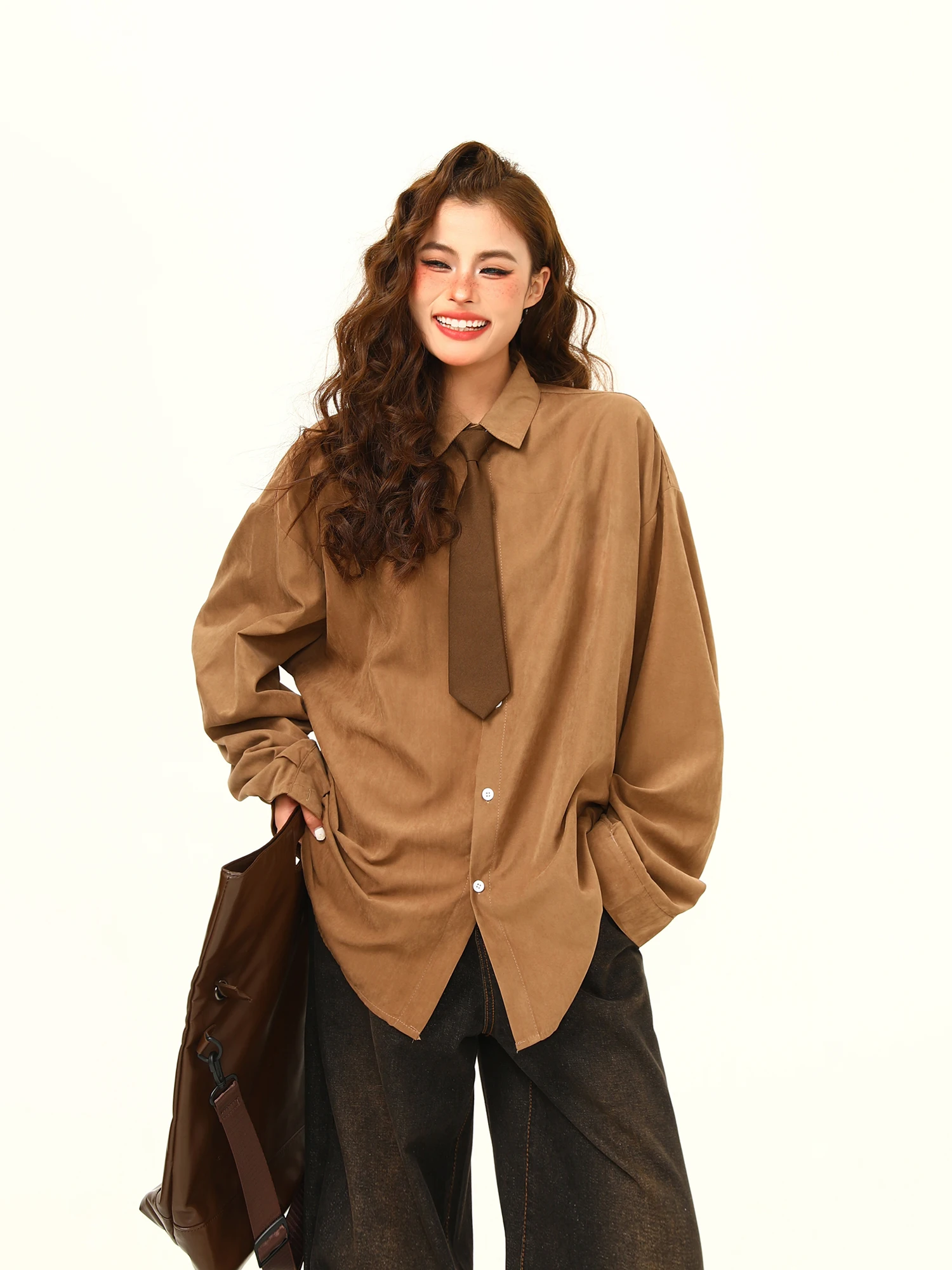 

Wild American Retro Loose Drape Pure Color Women's irt Autumn Winter Inner Wear Versatile Trendy Collar Long Sve