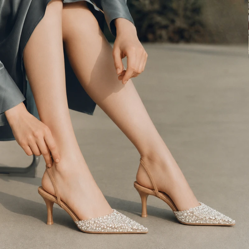 2026 Modische Sommer-Damensandalen mit Hohem Absatz, Perlen-Dekoration, Slingback, Spitze Zehenpartie, Elegante Party- und Hochzeits-Brautschuhe – Detail 4