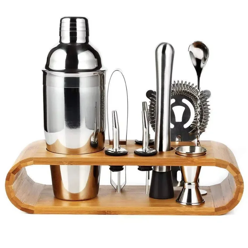 Stainless steel 9 pcs bar accessories wooden frame stool cocktail shaker set