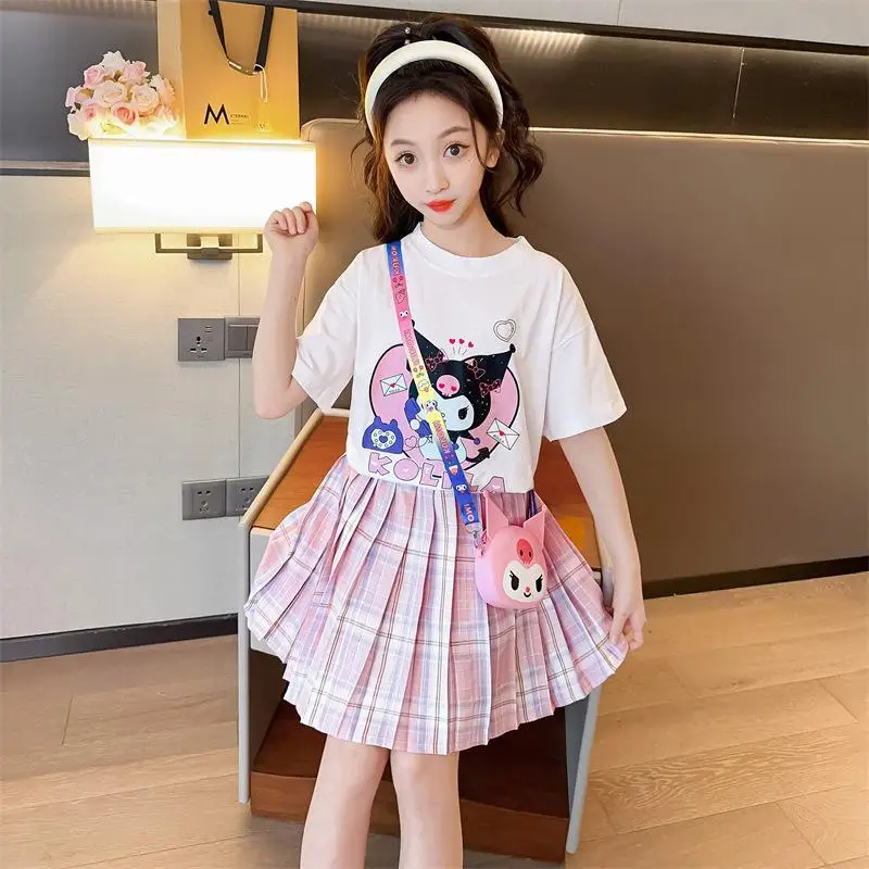 

Детская футболка с героями мультфильмов Kuromi Sanrio, костюм Jk, аниме Kawaii, униформа, плиссированная клетчатая юбка, летний новый стиль, модный сладкий