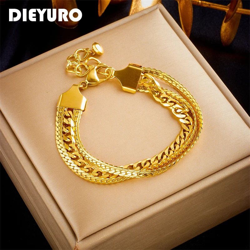 DIEYURO 316L Stainless Steel Gold Color Multi-Layer Chain Bracelet For Women Girl New Trend Bangles Non-fading Jewelry Gift