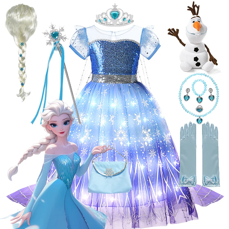 2024 Disney Frozen Elsa Dress with LED Light Girls Christmas Cosplay Princess Snow Queen Dress Fairy Elsa Princess Gown Vestidos