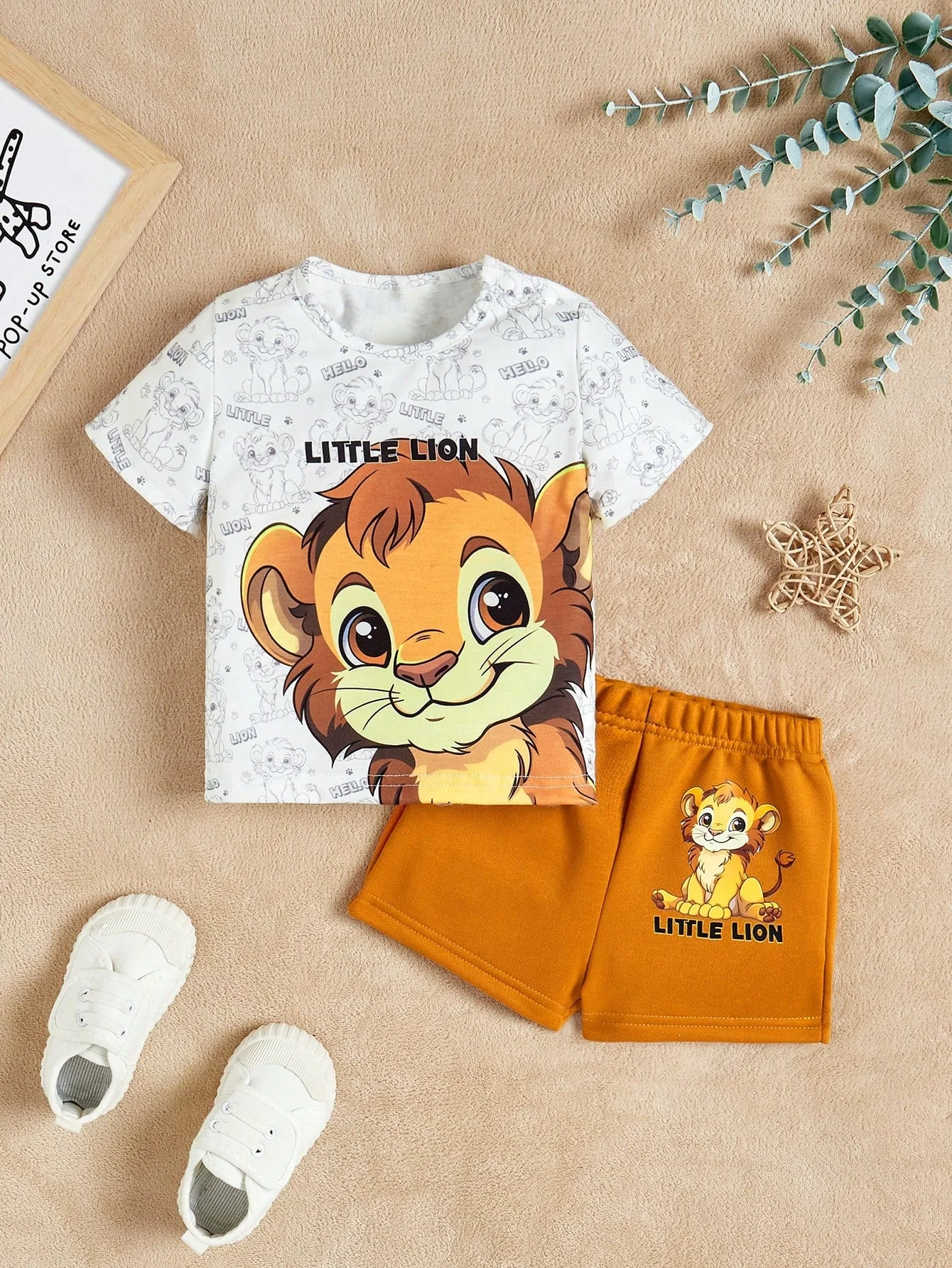 Summer cute boy short sleeved sports and casual wear set, daily little lion printed children's clothing, cartoon breathable men'