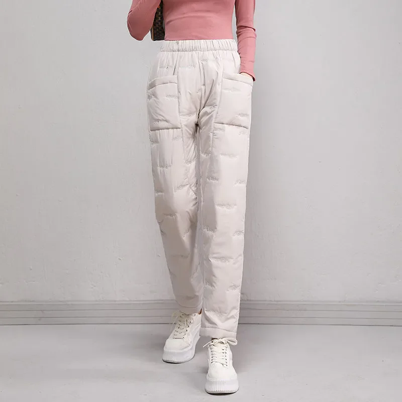 2026 moda cintura elástica calças de algodão feminino inverno bolsos soltos calças retas quentes mulher cintura alta engrossar calças de algodão