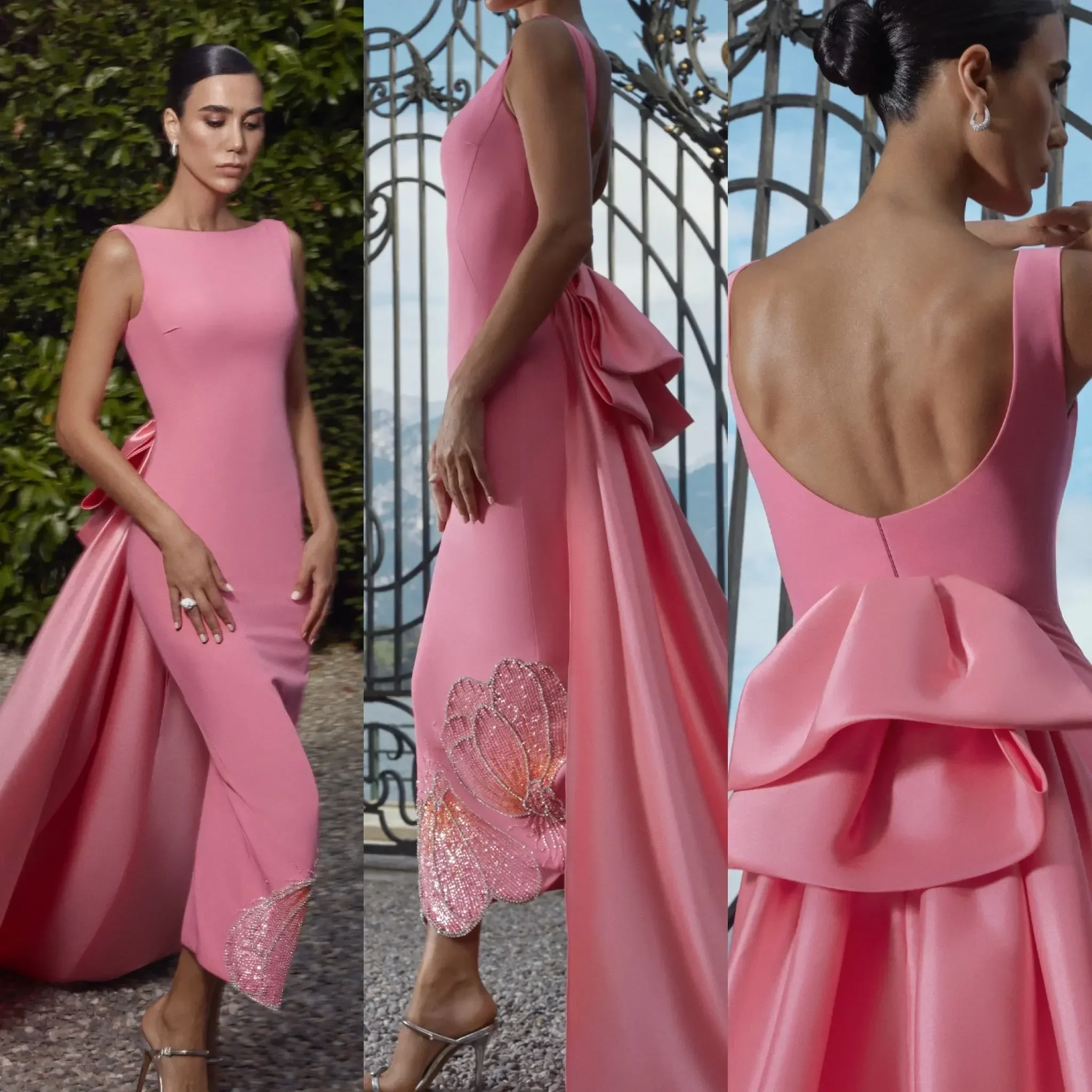 Customized Sexy Watermelon Red Pink Beaded Women Evening Dress with Bow Train Luxury Party Dress New Arrival vestidos de fiesta