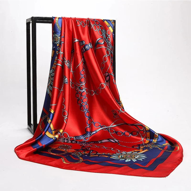 90*90cm Women Square Silk Scarf Luxury Brand Large Shawl Neckerchief Print Headband Female Foulard Bandana Wraps Hijab Scarves image 5