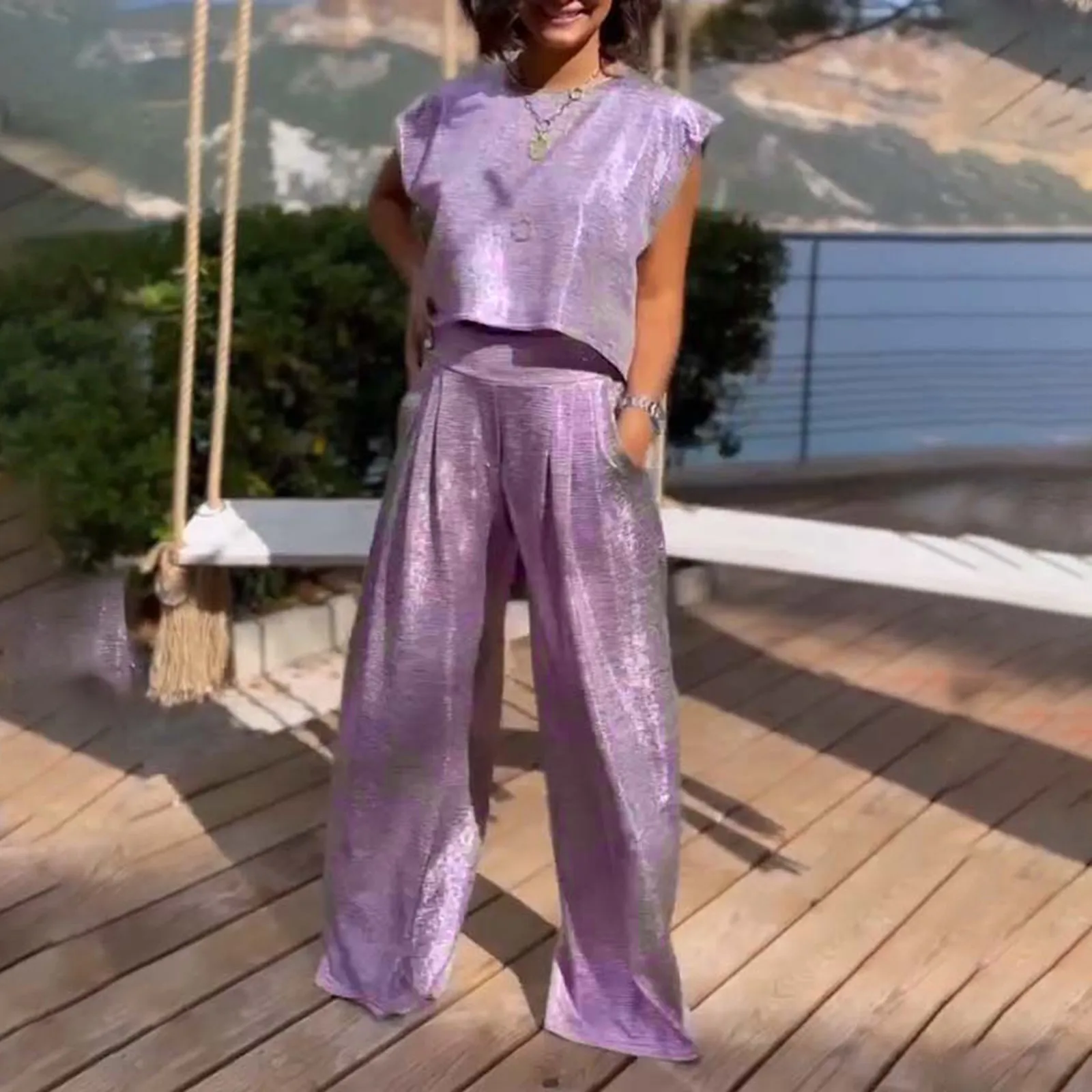 Women Fashion High Waist Loose Straight Trousers Summer Pocket Wide Leg Pant Harajuku Spring Vintage Metallic Color Casual Pants